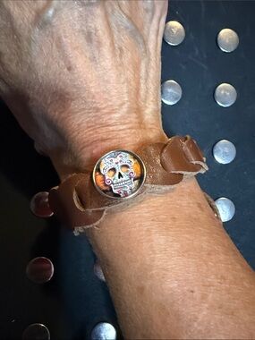 Snap Brown Leather adjustable Bracelet with Colorful Sugar Skull snap